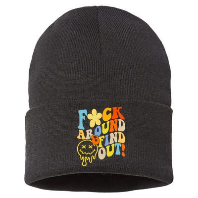 Fuck Around Find Out Smile Retro Groovy Funny Sustainable Knit Beanie