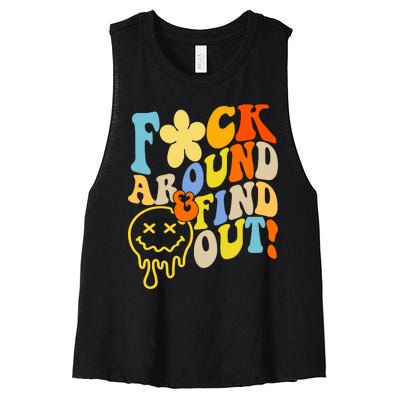 Fuck Around Find Out Smile Retro Groovy Funny Women's Racerback Cropped Tank