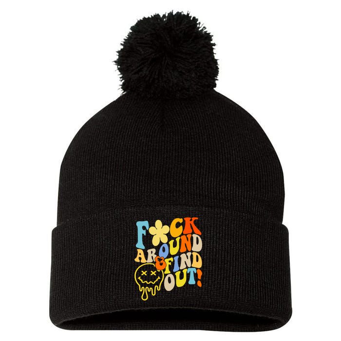 Fuck Around Find Out Smile Retro Groovy Funny Pom Pom 12in Knit Beanie