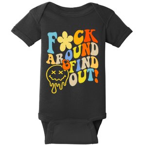 Fuck Around Find Out Smile Retro Groovy Funny Baby Bodysuit