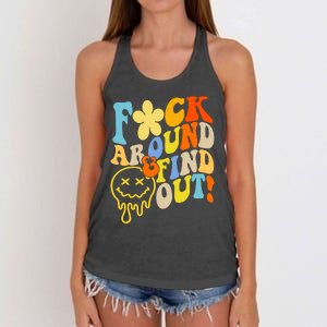 Fuck Around Find Out Smile Retro Groovy Funny Women's Knotted Racerback Tank