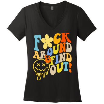 Fuck Around Find Out Smile Retro Groovy Funny Women's V-Neck T-Shirt