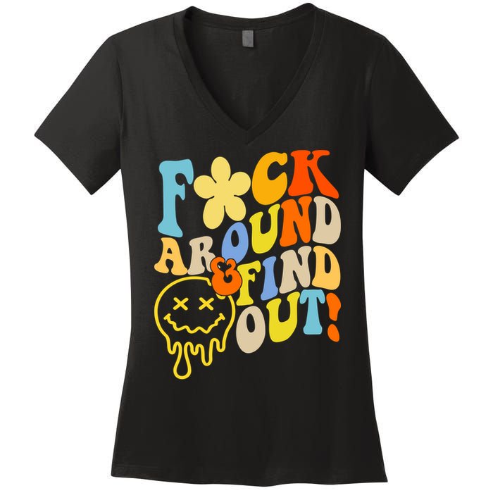 Fuck Around Find Out Smile Retro Groovy Funny Women's V-Neck T-Shirt