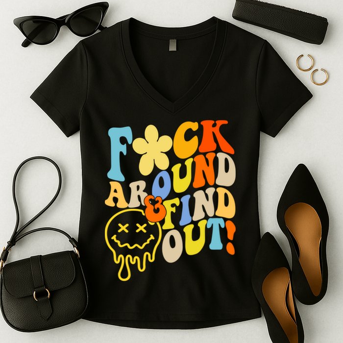 Fuck Around Find Out Smile Retro Groovy Funny Women's V-Neck T-Shirt