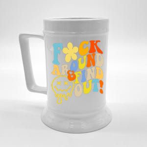 Fuck Around Find Out Smile Retro Groovy Funny Beer Stein