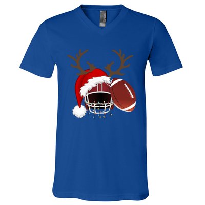 Funny American Football Reindeer Santa Hat Christmas Holiday Gift V-Neck T-Shirt