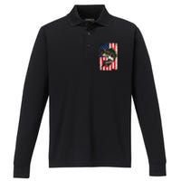 Fishing American Flag Vintage Funny Gift USA Bass Fisherman Gift Performance Long Sleeve Polo