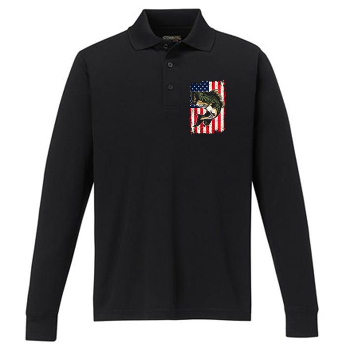 Fishing American Flag Vintage Funny Gift USA Bass Fisherman Gift Performance Long Sleeve Polo