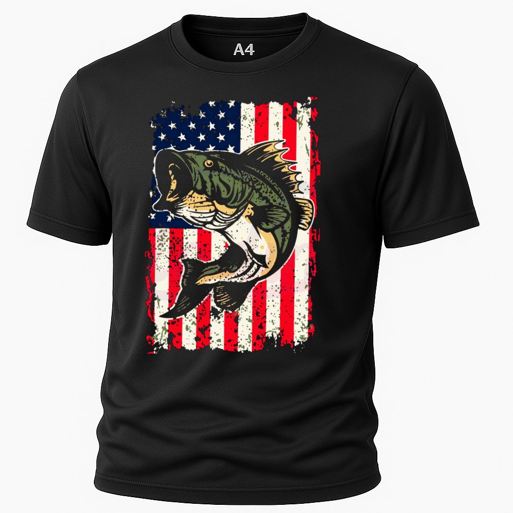 Fishing American Flag Vintage Funny Gift USA Bass Fisherman Gift Cooling Performance Crew T-Shirt