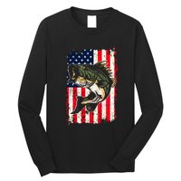 Fishing American Flag Vintage Funny Gift USA Bass Fisherman Gift Long Sleeve Shirt