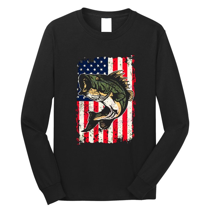 Fishing American Flag Vintage Funny Gift USA Bass Fisherman Gift Long Sleeve Shirt