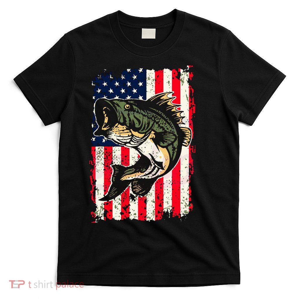 Fishing American Flag Vintage Funny Gift USA Bass Fisherman Gift T-Shirt