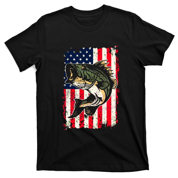 Fishing American Flag Vintage Funny Gift USA Bass Fisherman Gift T-Shirt