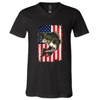 Fishing American Flag Vintage Funny Gift USA Bass Fisherman Gift V-Neck T-Shirt