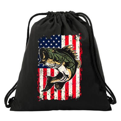 Fishing American Flag Vintage Funny Gift USA Bass Fisherman Gift Drawstring Bag