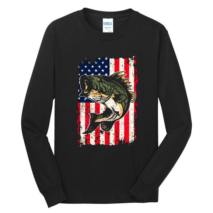 Fishing American Flag Vintage Funny Gift USA Bass Fisherman Gift Tall Long Sleeve T-Shirt