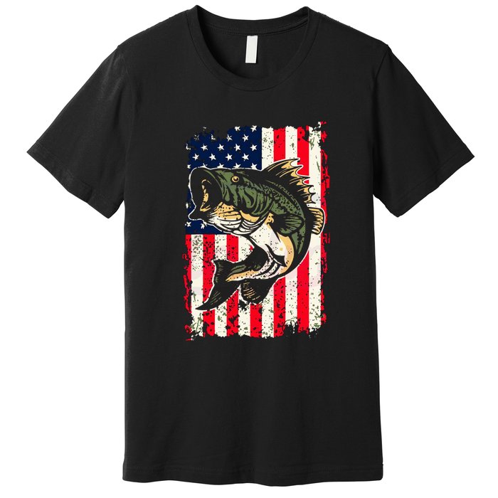 Fishing American Flag Vintage Funny Gift USA Bass Fisherman Gift Premium T-Shirt