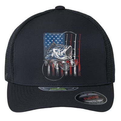 Fishing American Flag Vintage, USA Bass Fisherman Flexfit Unipanel Trucker Cap