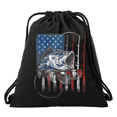 Fishing American Flag Vintage, USA Bass Fisherman Drawstring Bag