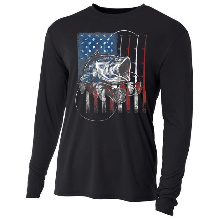 Fishing American Flag Vintage, USA Bass Fisherman Cooling Performance Long Sleeve Crew