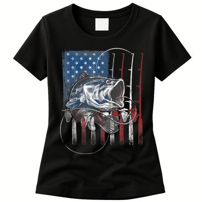 Fishing American Flag Vintage, USA Bass Fisherman Womens T-Shirt