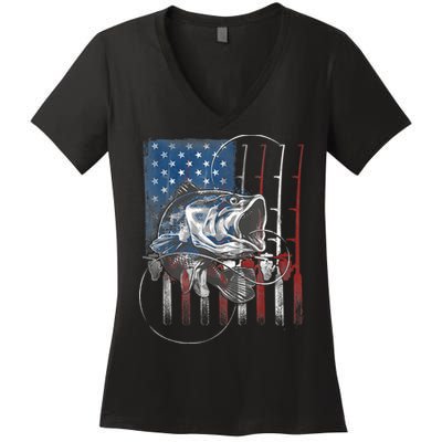 Fishing American Flag Vintage, USA Bass Fisherman Women's V-Neck T-Shirt