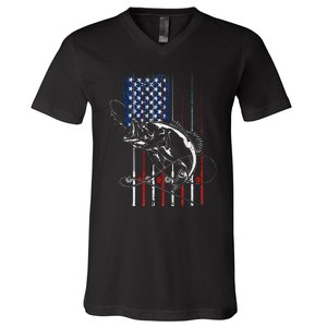 Funny American Flag Fishing Rod Fishing Lover V-Neck T-Shirt