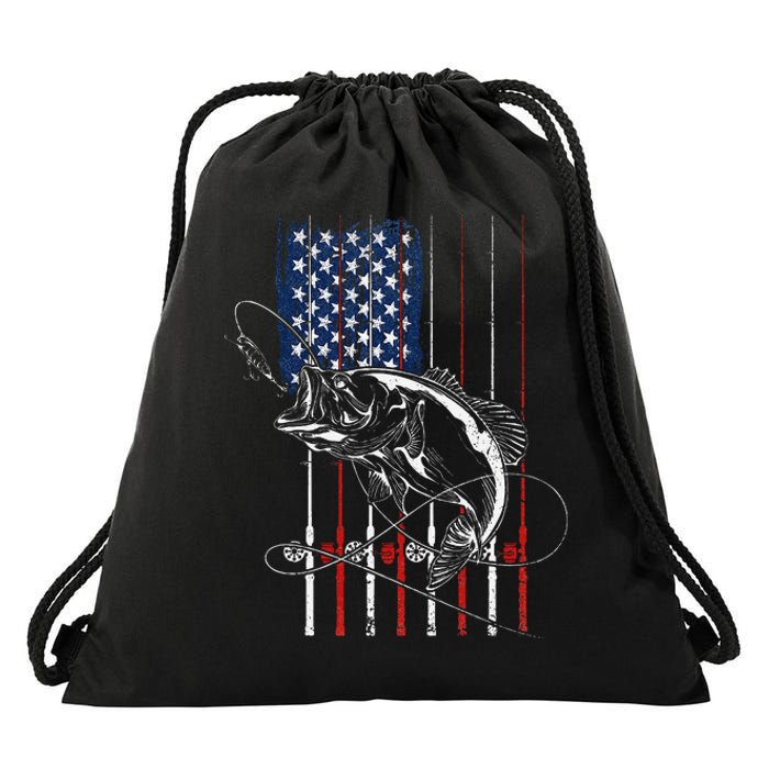 Funny American Flag Fishing Rod Fishing Lover Drawstring Bag