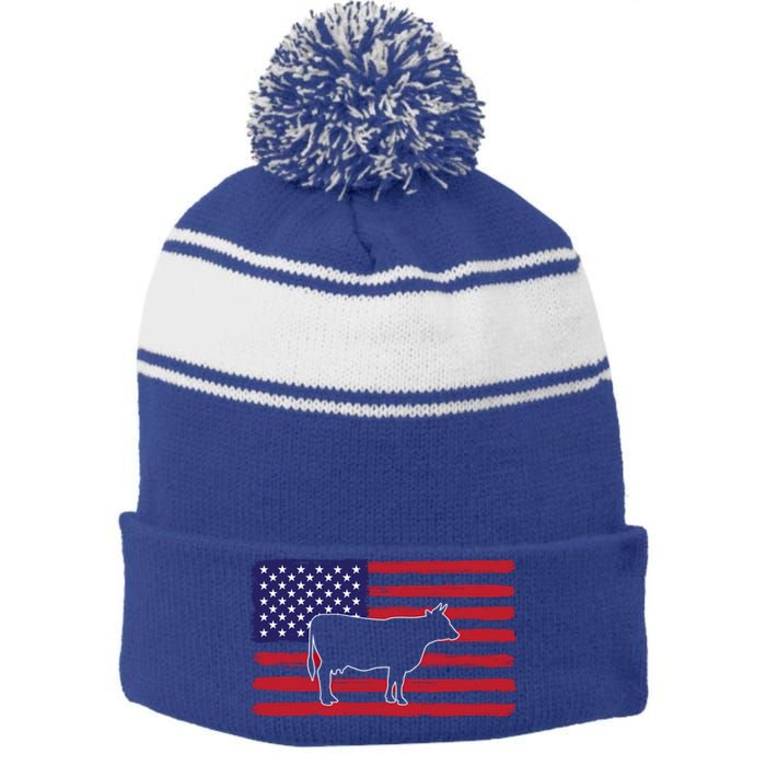 Farmer American Flag Cow Mom And Dad Gift Stripe Pom Pom Beanie