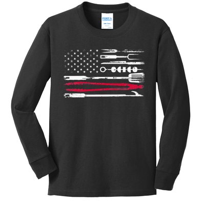 Funny American Flag Grilling Tools BBQ Grill Barbecue Tool Kids Long Sleeve Shirt