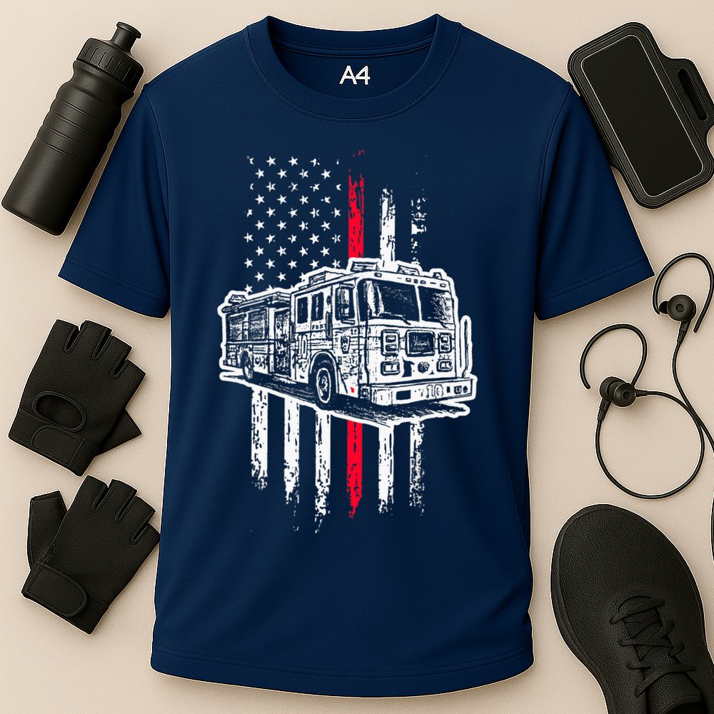 Fireman American Flag Firefighter Fire Truck Cooling Performance Crew T-Shirt
