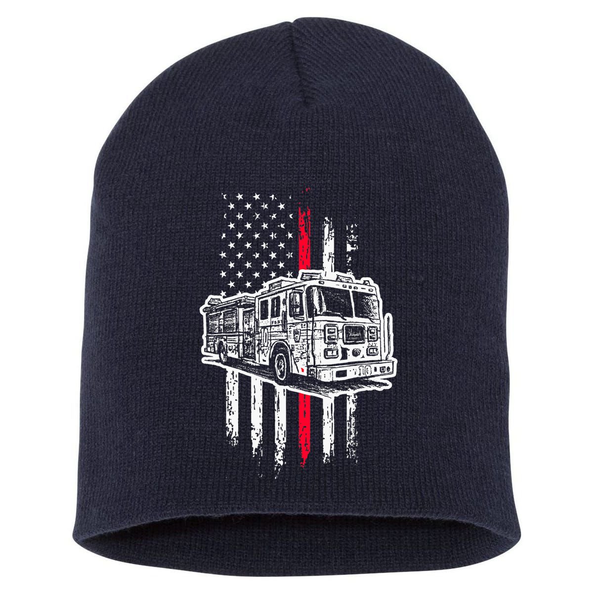 Fireman American Flag Firefighter Fire Truck Short Acrylic Beanie