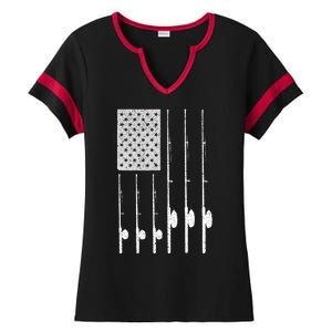 Fishing American Flag Rod USA Patriotic Fisherman Ladies Halftime Notch Neck Tee