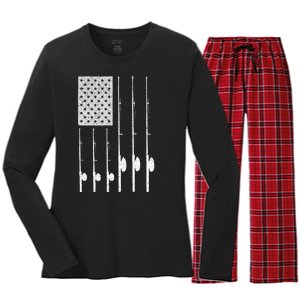 Fishing American Flag Rod USA Patriotic Fisherman Women's Long Sleeve Flannel Pajama Set 