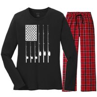 Fishing American Flag Rod USA Patriotic Fisherman Women's Long Sleeve Flannel Pajama Set 