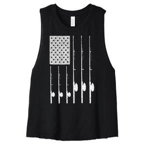 Fishing American Flag Rod USA Patriotic Fisherman Women's Racerback Cropped Tank