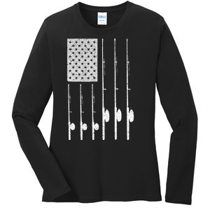 Fishing American Flag Rod USA Patriotic Fisherman Ladies Long Sleeve Shirt