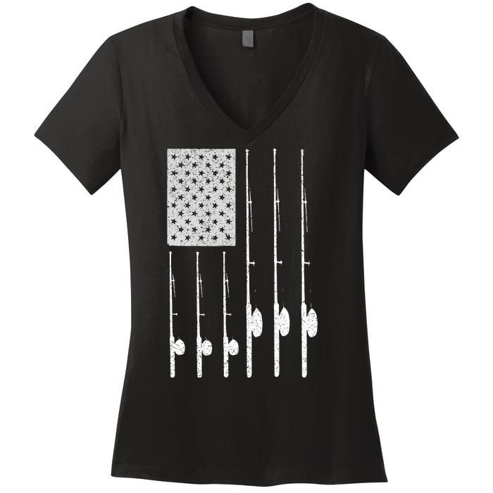 Fishing American Flag Rod USA Patriotic Fisherman Women's V-Neck T-Shirt