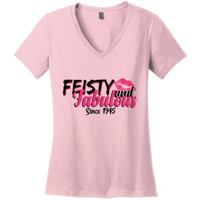 Feisty And Fabulous Since 1945 80th Birthday Women's V-Neck T-Shirt