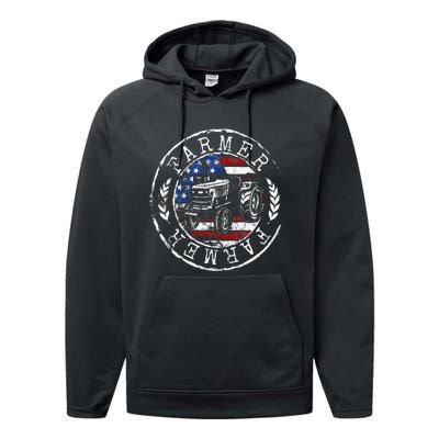 Farmer American Flag Farming Gift Usa Patriotic Stamp Style Performance Fleece Hoodie