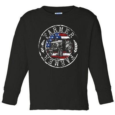 Farmer American Flag Farming Gift Usa Patriotic Stamp Style Toddler Long Sleeve Shirt