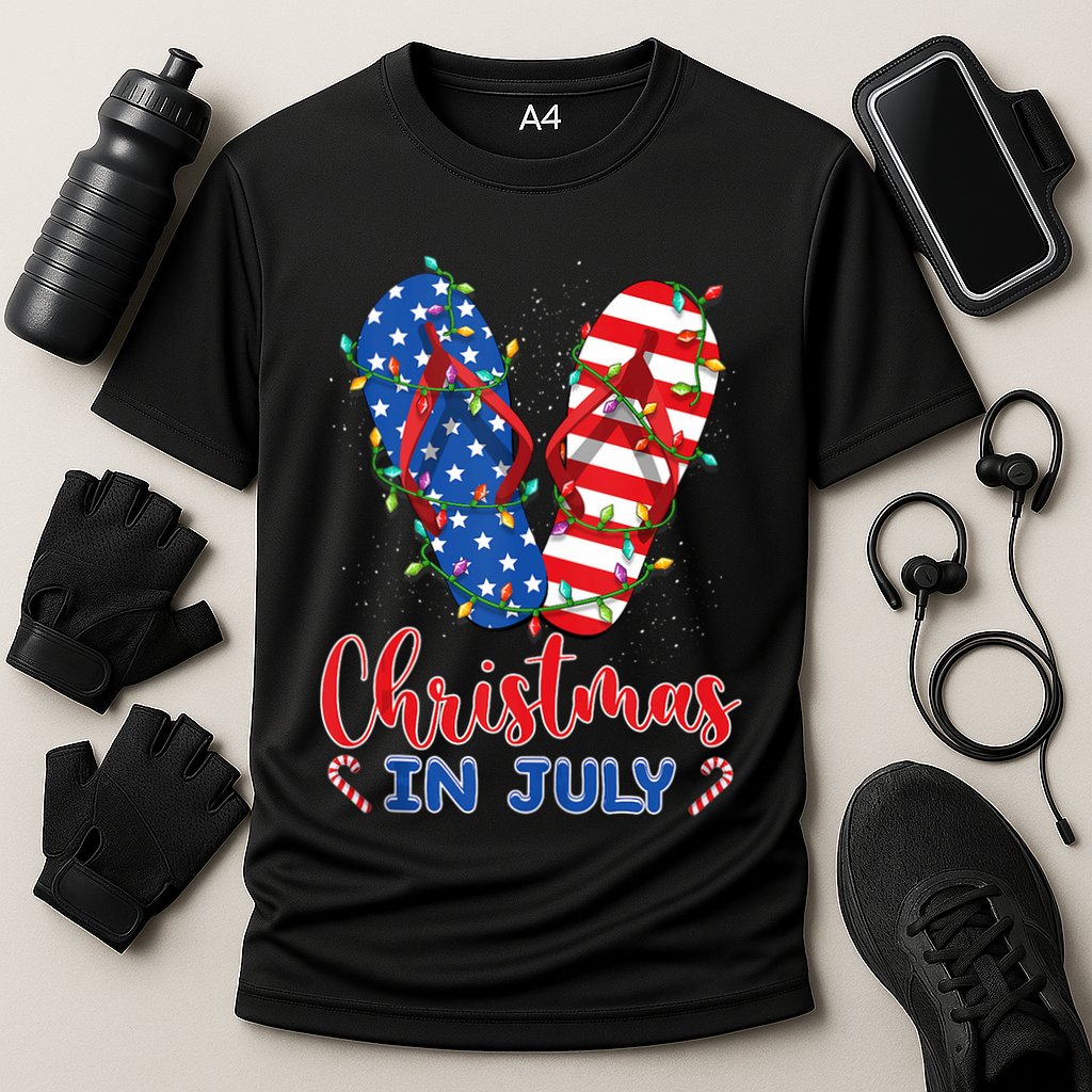 Funny American Flag Flip Flops Xmas Lights Christmas In July Tank Top Performance Shirt