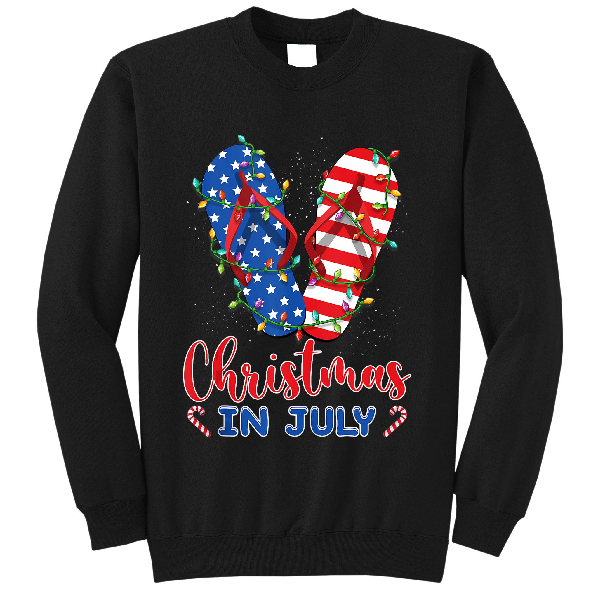 Funny American Flag Flip Flops Xmas Lights Christmas In July Tank Top Sweatshirt