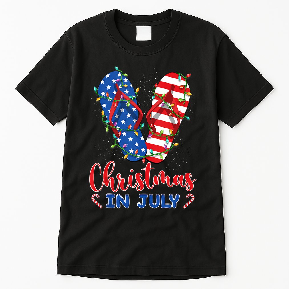 Funny American Flag Flip Flops Xmas Lights Christmas In July Tank Top Tall T-Shirt