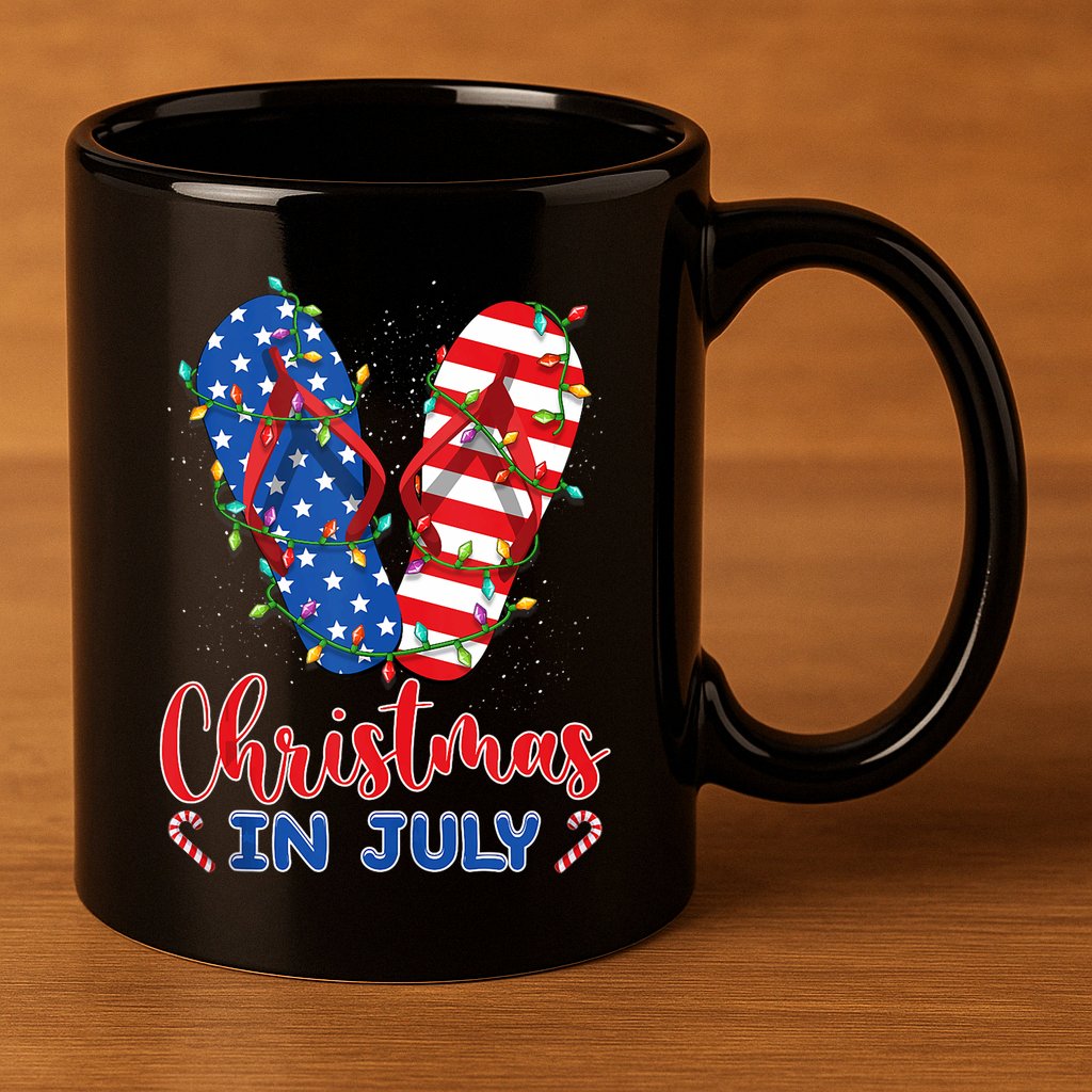 Funny American Flag Flip Flops Xmas Lights Christmas In July Tank Top 11oz C Handle Ceramic Mug
