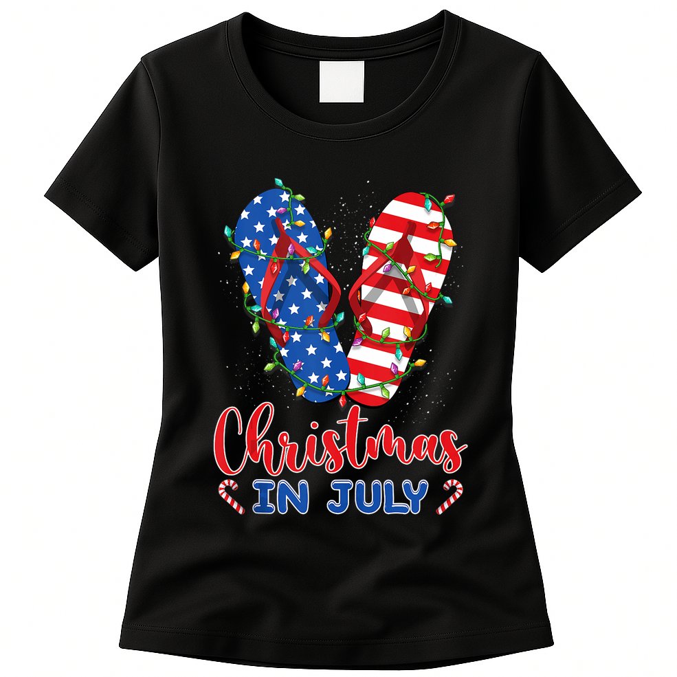 Funny American Flag Flip Flops Xmas Lights Christmas In July Tank Top Womens T-Shirt
