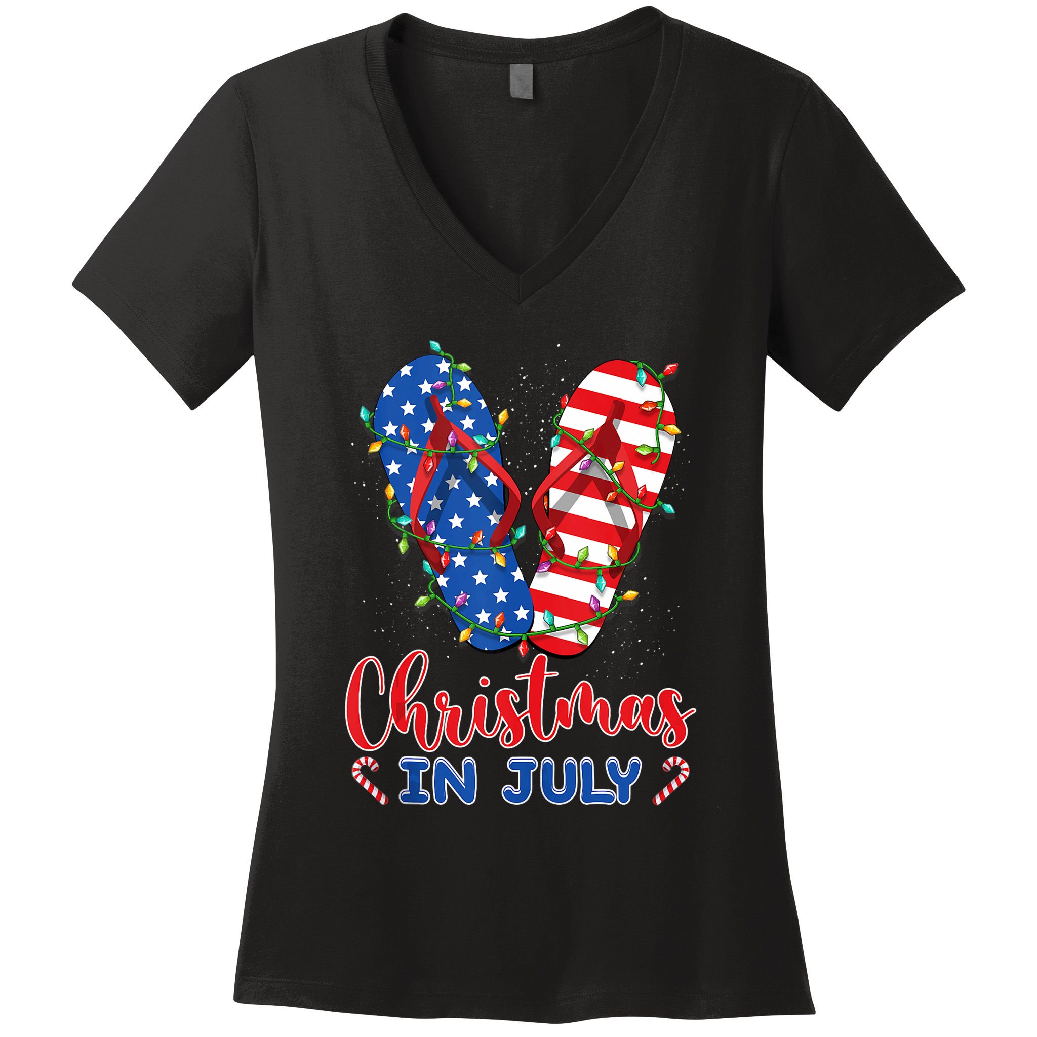 Funny American Flag Flip Flops Xmas Lights Christmas In July Tank Top Women's V-Neck T-Shirt