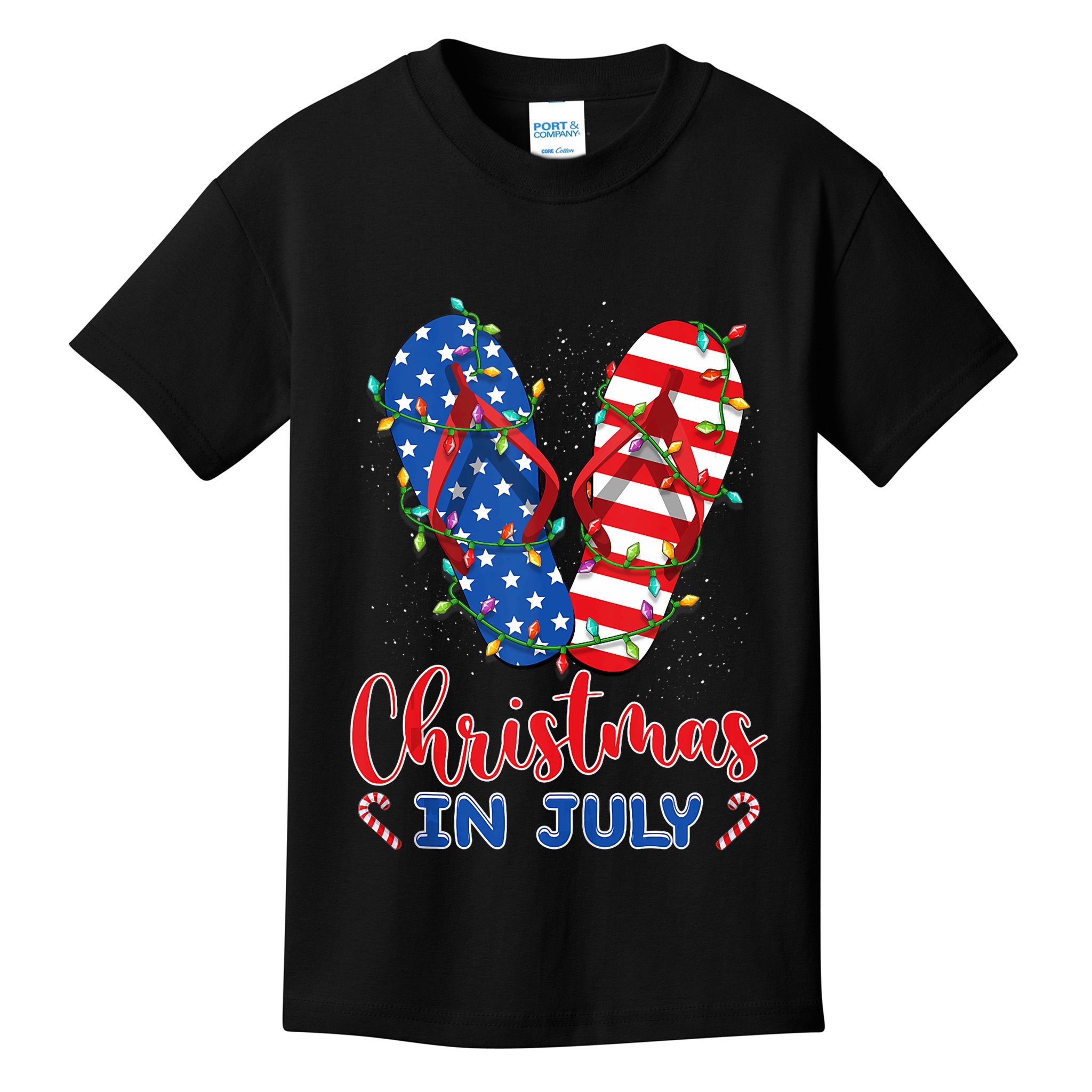 Funny American Flag Flip Flops Xmas Lights Christmas In July Tank Top Kids T-Shirt