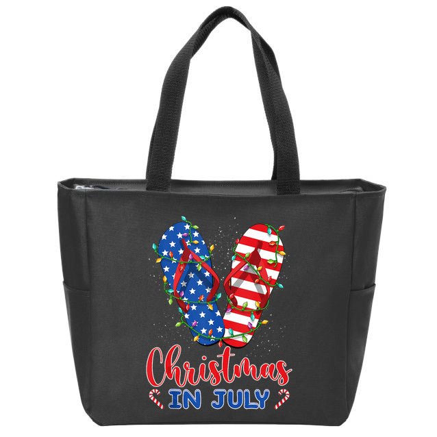 Funny American Flag Flip Flops Xmas Lights Christmas In July Tank Top Zip Tote Bag