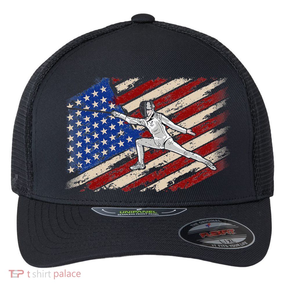 Fencing American Flag Fencer USA Foil Epee Saber Patriotic Flexfit Unipanel Trucker Cap